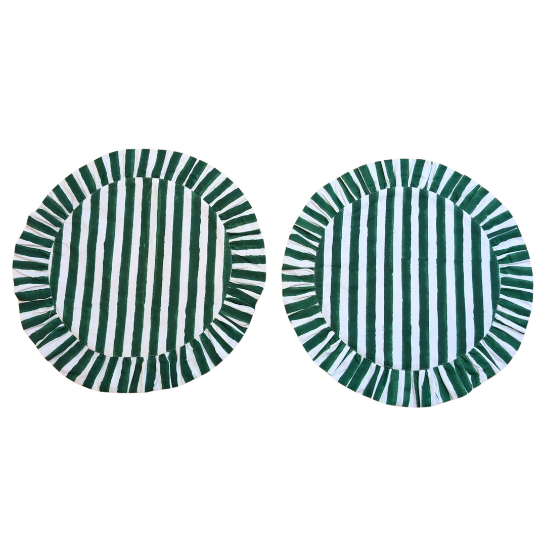Pair of green and white striped placemats with a frill edge 100% cotton