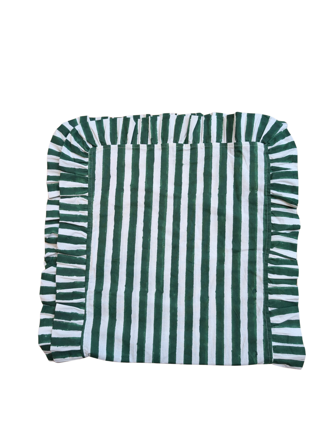 Green and white striped table runner with frill edge 