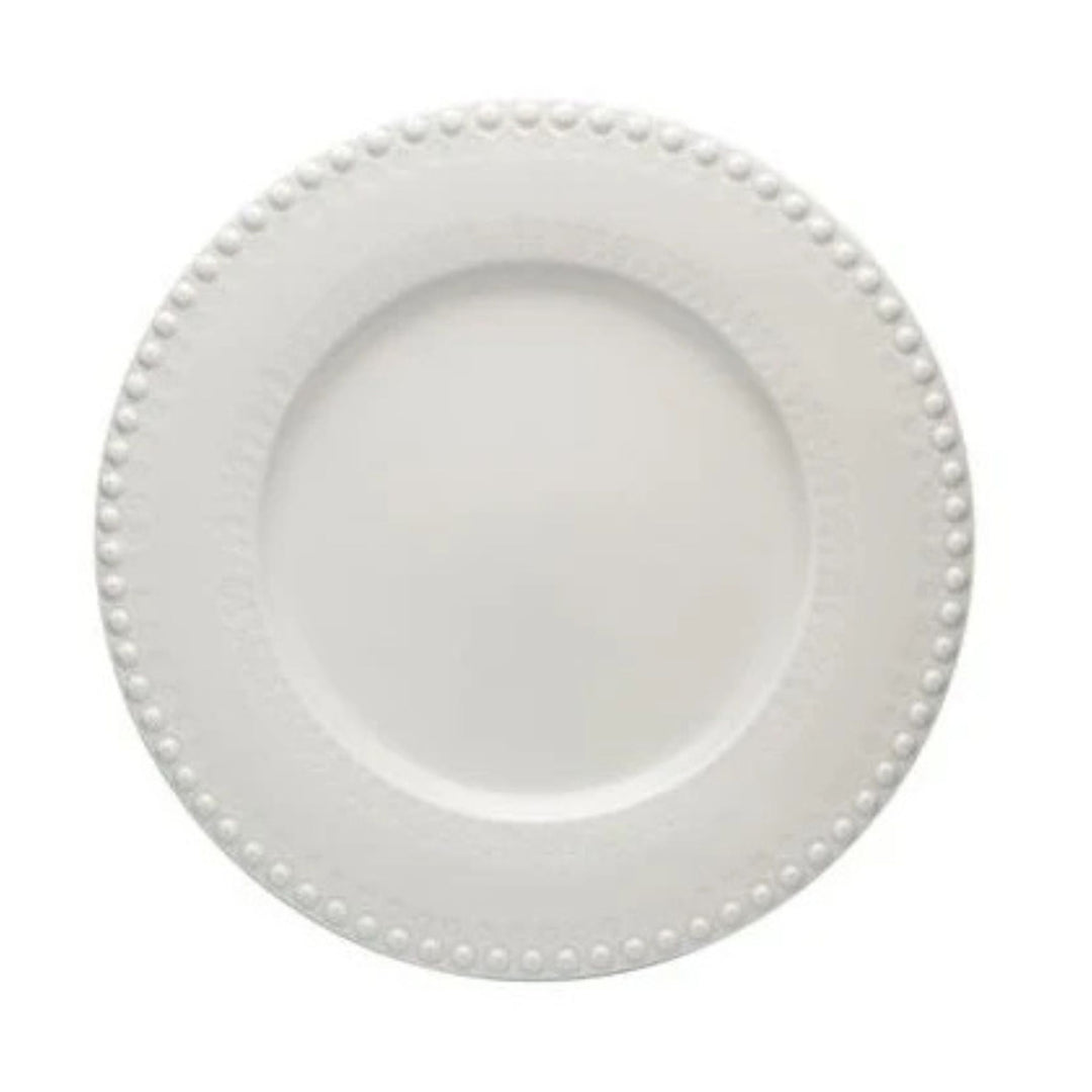 Bordallo Pinheiro Fantasia Sandy Grey charger plates, set of two hand-painted plates with embossed edge, styled on elegant LNH Edit tablescape.