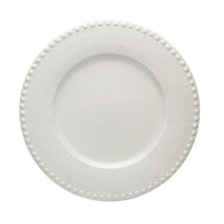 Bordallo Pinheiro Fantasia Sandy Grey charger plates, set of two hand-painted plates with embossed edge, styled on elegant LNH Edit tablescape.