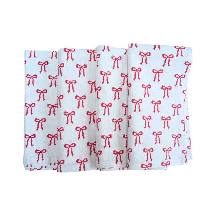 Christmas bow napkins in red and white block print, set of 4 handmade cotton napkins by LNH Edit.