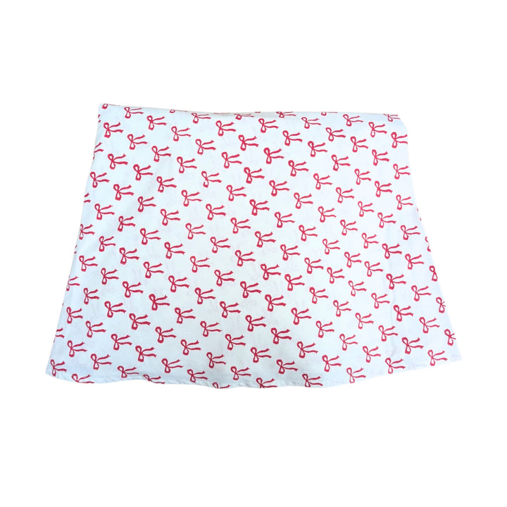 Christmas red bow round tablecloth, hand block-printed cotton festive table linen by LNH Edit.