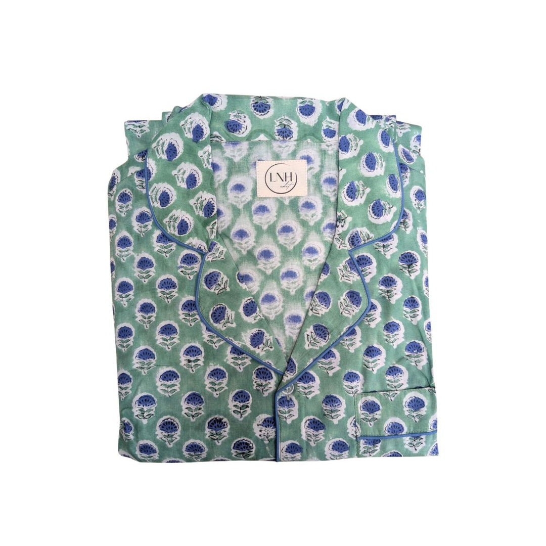 Florie green printed long pyjama set folded in matching fabric envelope