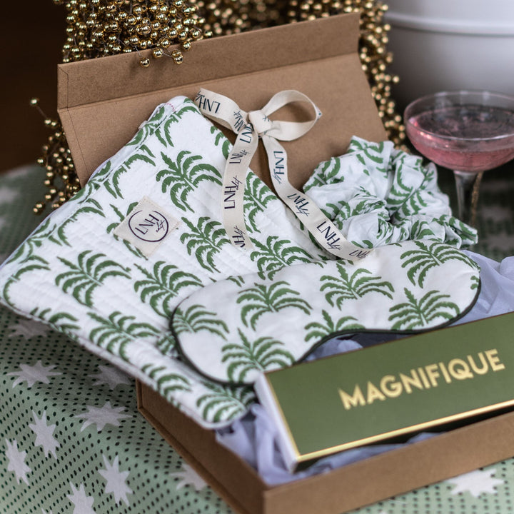 LNH Edit Green Palm Gift Box Set with palm-print pouch and Magnifique Mimosa incense displayed together.