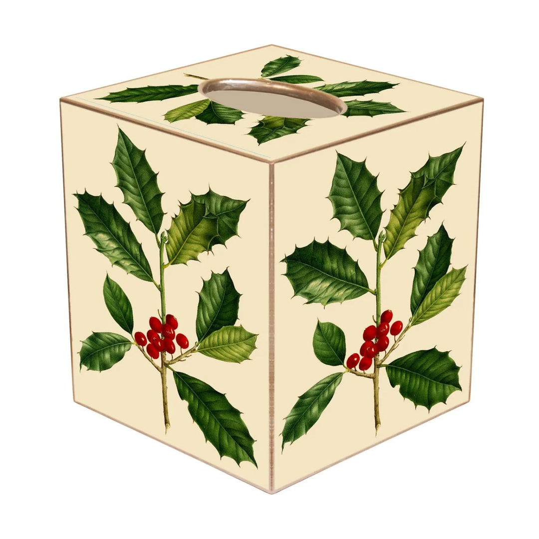 Handmade cotton tissue box cover with festive holly and red berry print by LNH Edit.