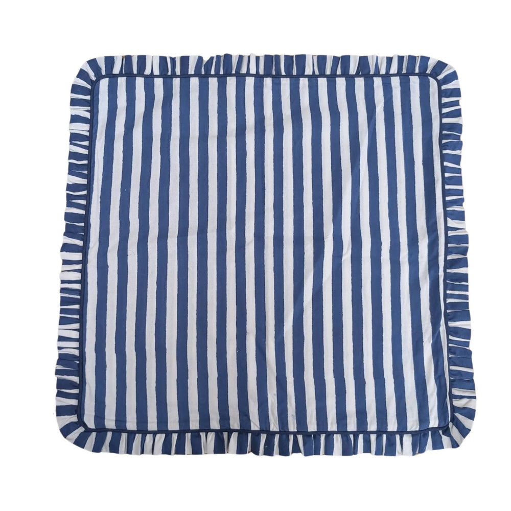 LNH Edit Iris blue and white striped frill cushion cover laid flat on white background, 50x50cm cotton fabric.