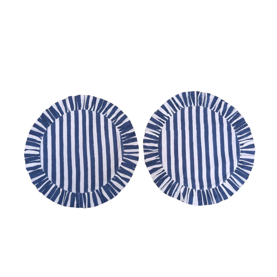 LNH Edit Iris blue and white striped round cotton placemats with frilled edges, set of two, hand block printed in India.