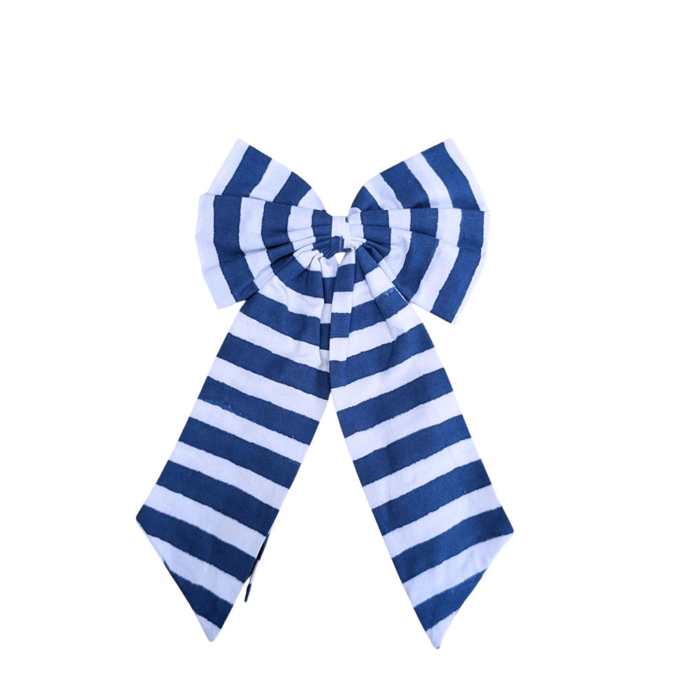 LNH Edit Iris blue striped handmade cotton bow in small size, ideal for napkin decoration or wreath styling.