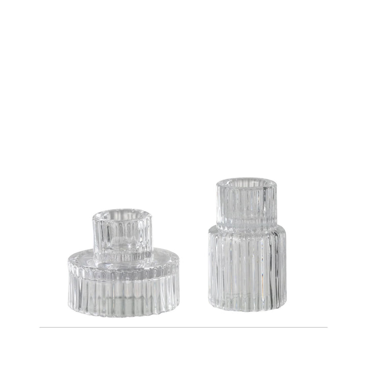 LNH Edit Jenny clear ribbed glass candle holders, set of two, modern and elegant table decor.
