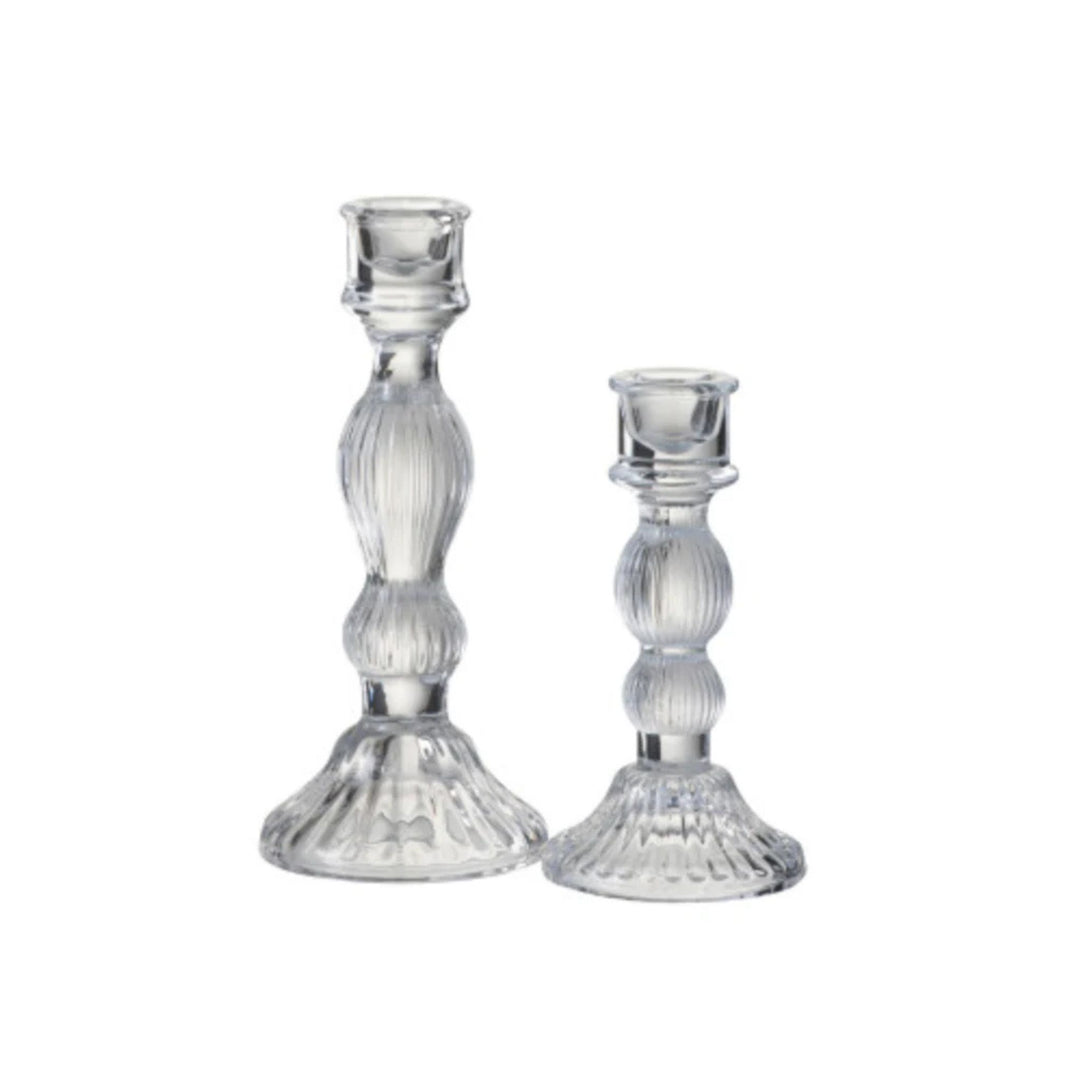 LNH Edit large clear ribbed glass ball candlestick, elegant taper candle holder for tablescapes.