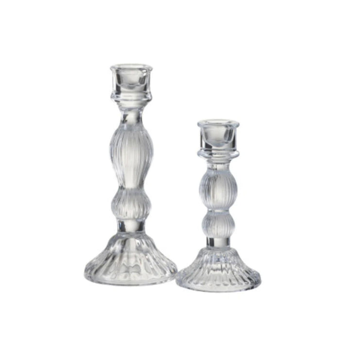 LNH Edit large clear ribbed glass ball candlestick, elegant taper candle holder for tablescapes.