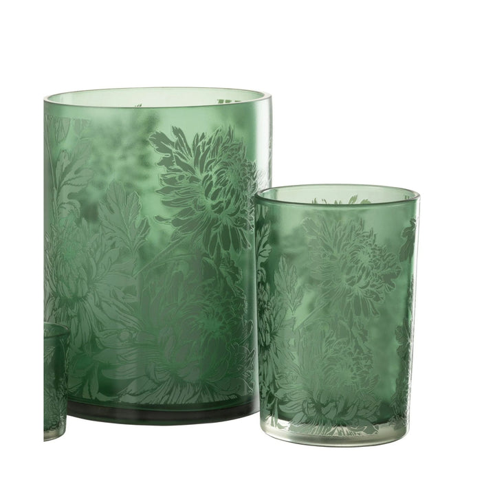 LNH Edit matt green glass hurricane candle holder with floral embossed texture, medium and large sizes.