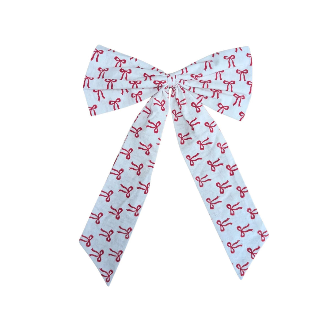 Large handmade red bow with festive bow print by LNH Edit, perfect for wreaths and décor.