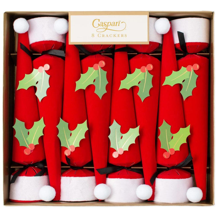 LNH Edit Santa Cone Christmas Crackers in red with holly appliqué and white pom-poms, set of 8 in presentation box.