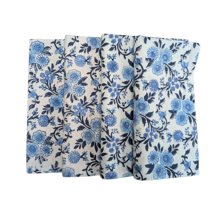 LNH Edit Thistle Blue Napkins, set of four hand block-printed cotton napkins with blue floral pattern.