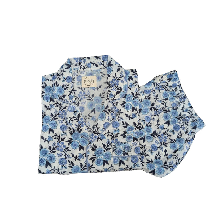 LNH Edit Thistle Blue Pyjama Set in hand block-printed cotton with blue floral pattern.