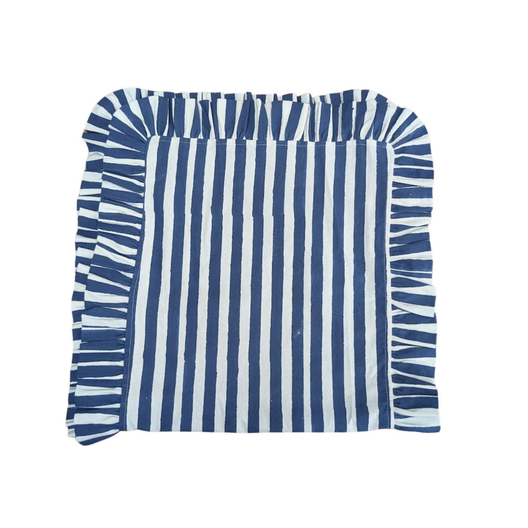 LNH Edit Thistle blue and white striped ruffle cushion cover, handcrafted from block-printed cotton for a timeless home accent.