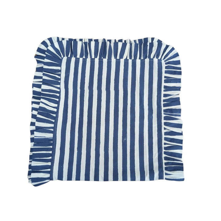 LNH Edit Thistle blue and white striped ruffle cushion cover, handcrafted from block-printed cotton for a timeless home accent.