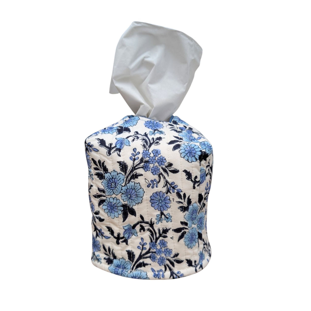 LNH Edit Thistle Blue Tissue Box Cover in hand block-printed cotton with blue floral pattern.