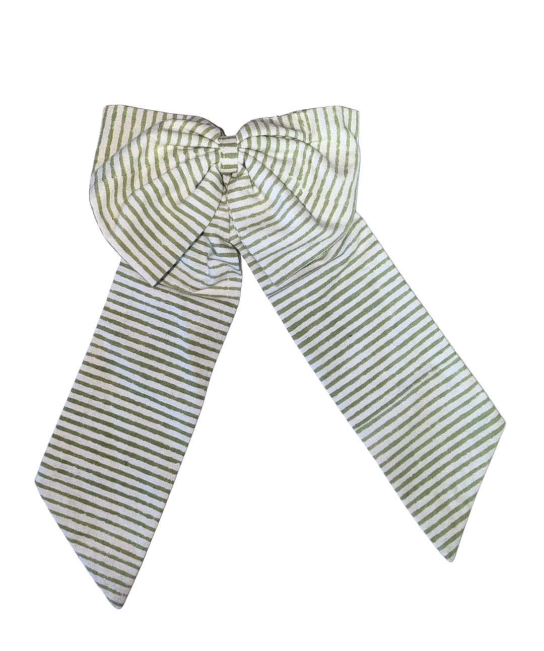 Hand block printed green stripe cotton bow in two sizes.