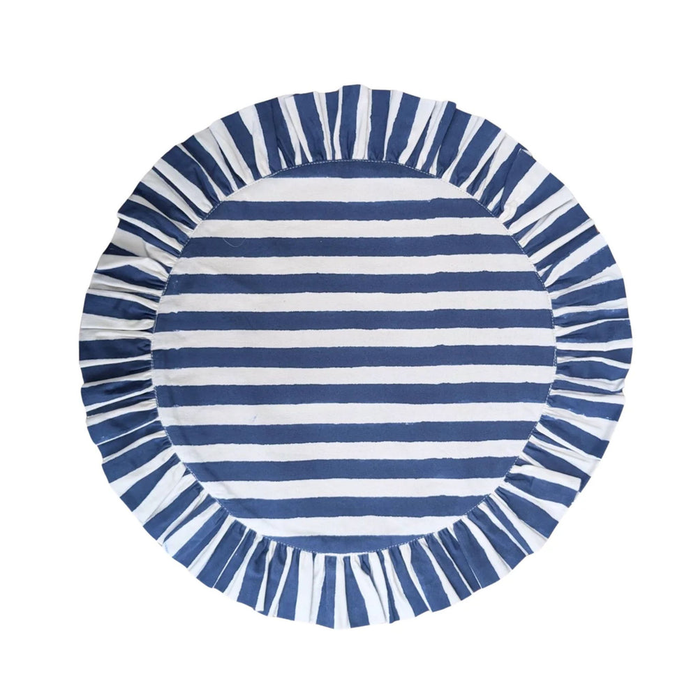 LNH Edit Iris blue and white striped frill placemat, round cotton hand block print for stylish tablescapes.