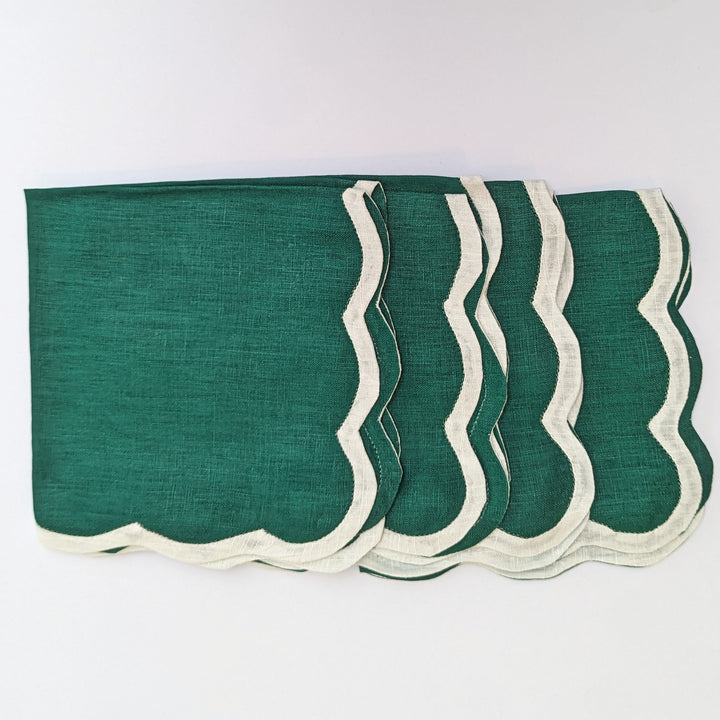 Green Scallop Linen Napkins, Set of 4-Napkins-LNH Edit