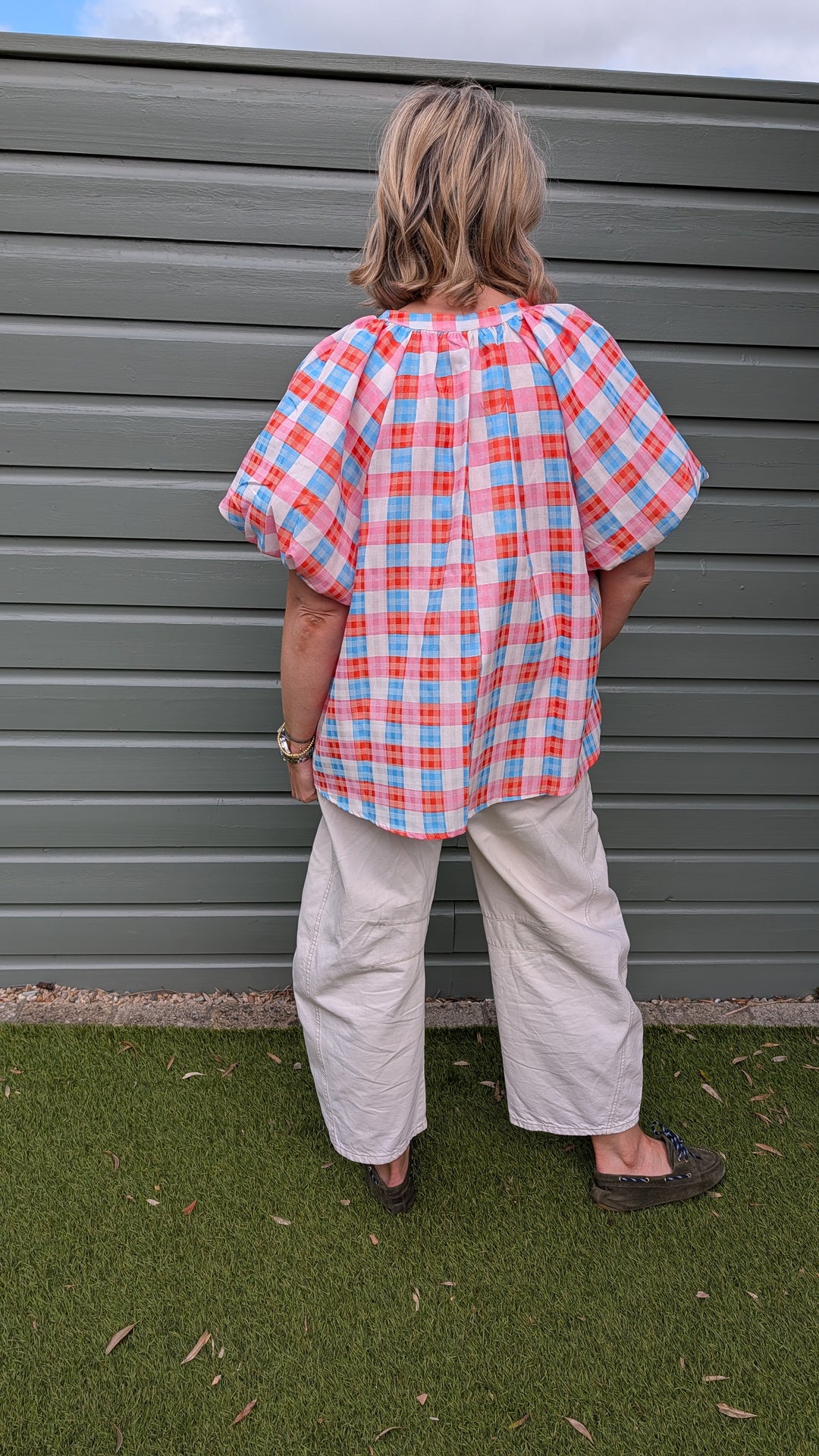 Printed Puff Sleeve Plaid Blouse