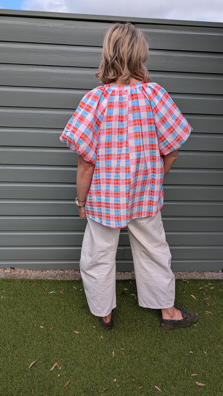 Printed Puff Sleeve Plaid Blouse
