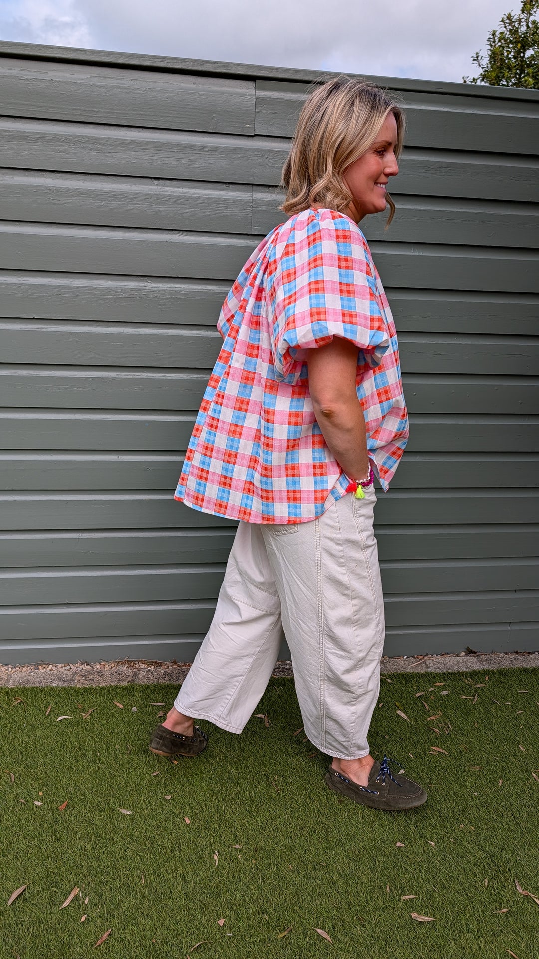 Printed Puff Sleeve Plaid Blouse