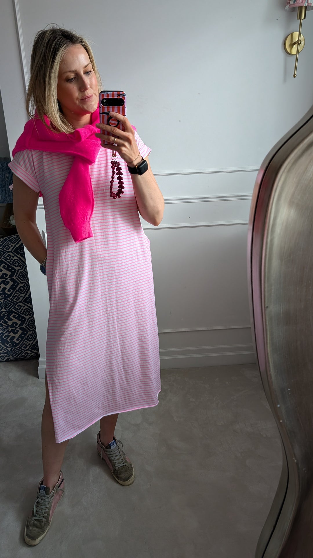 Stripey Neon Pink Cotton T-Shirt Dress-Dresses-LNH Edit