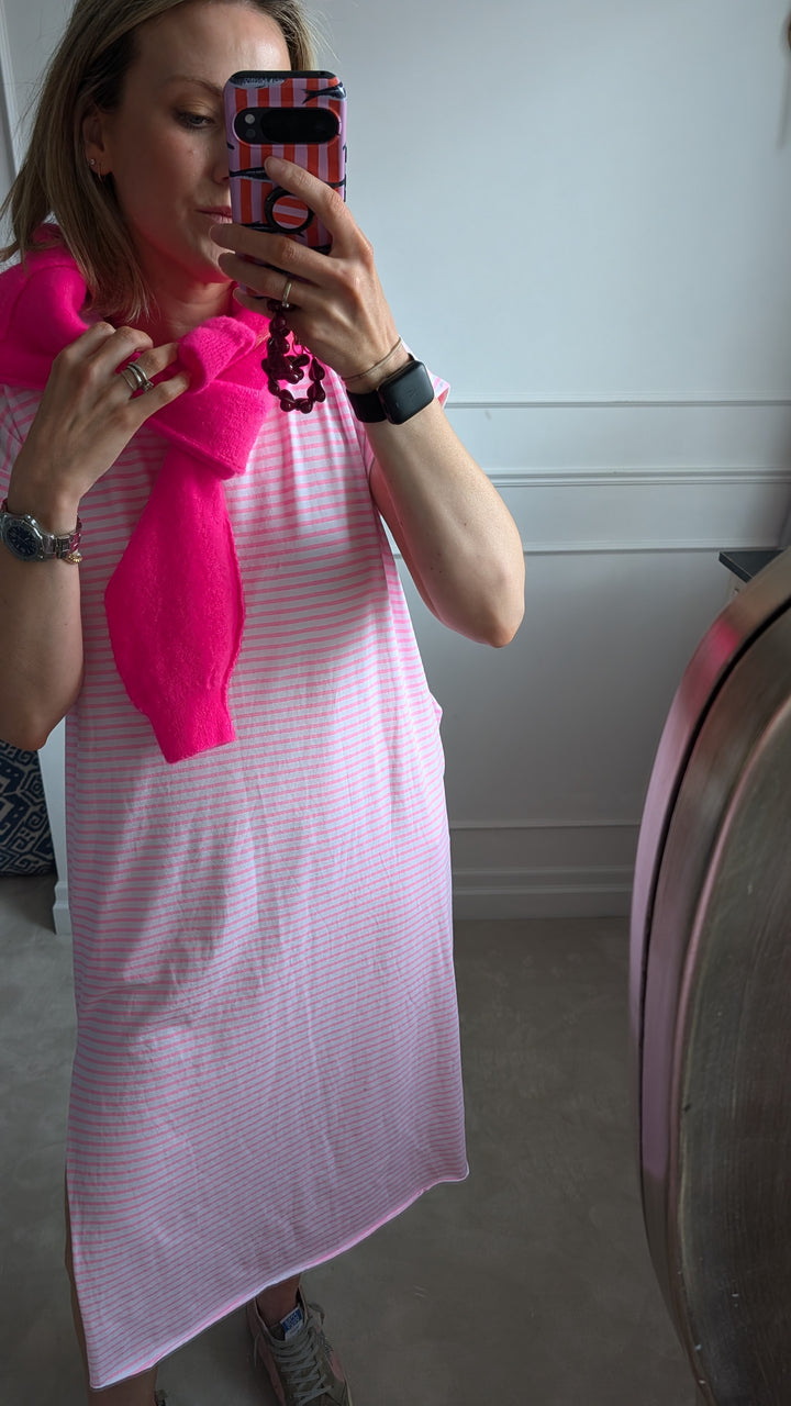 Stripey Neon Pink Cotton T-Shirt Dress-Dresses-LNH Edit