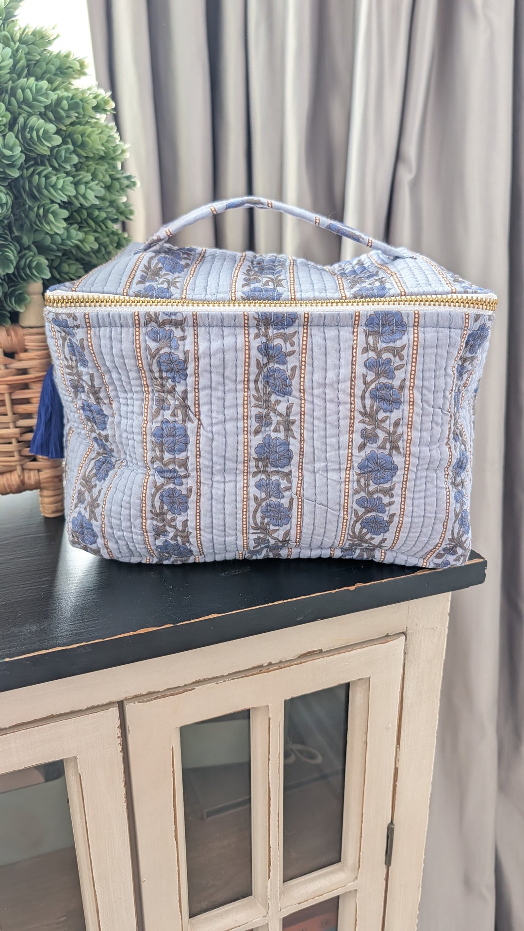 Rose Blue Cosmetic Bag- Large Top Zipper