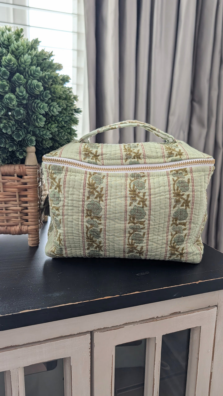 Rose Green Cosmetic Bag- Large Top Zipper