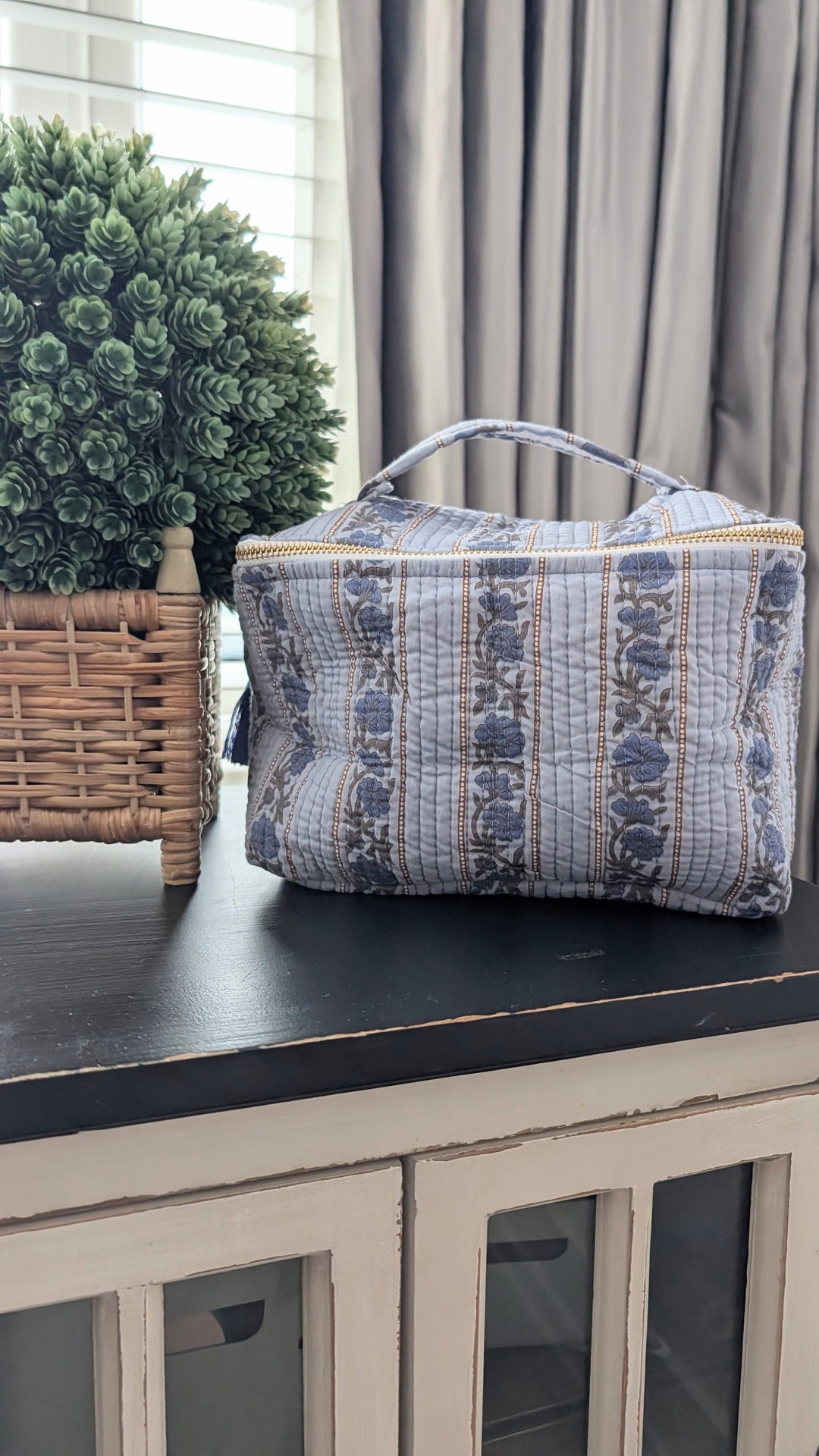 Rose Blue Cosmetic Bag- Large Top Zipper