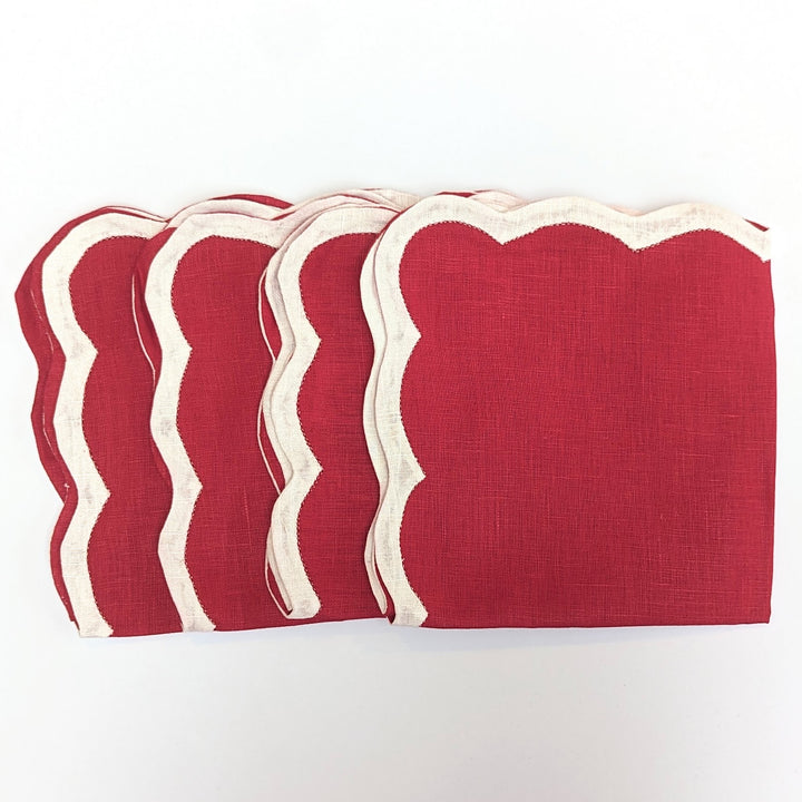 Red Modern Scallop Linen Napkins, Set of 4-Napkins-LNH Edit