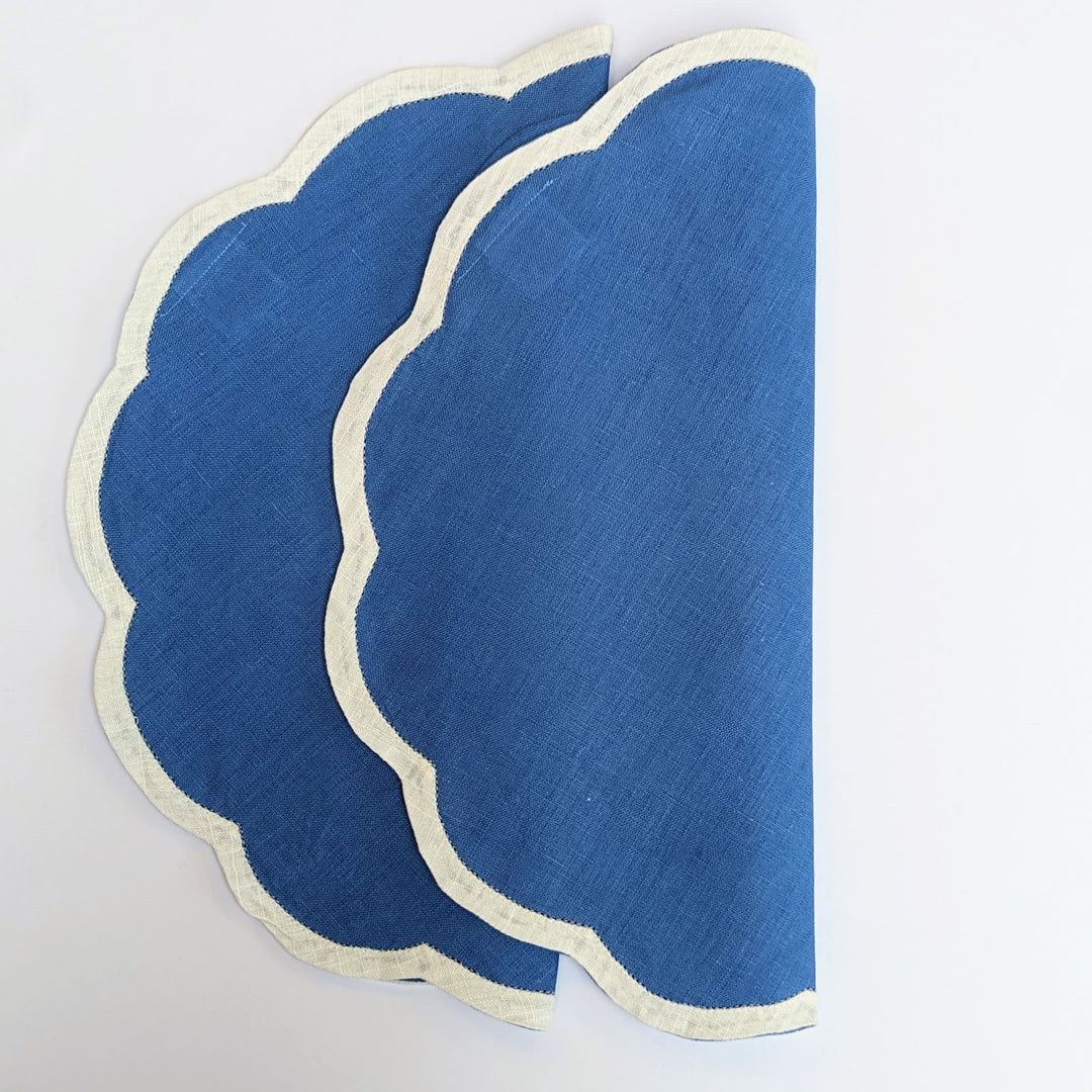 Blue Linen Scalloped Placemats, Set of 2-Placemats-LNH Edit