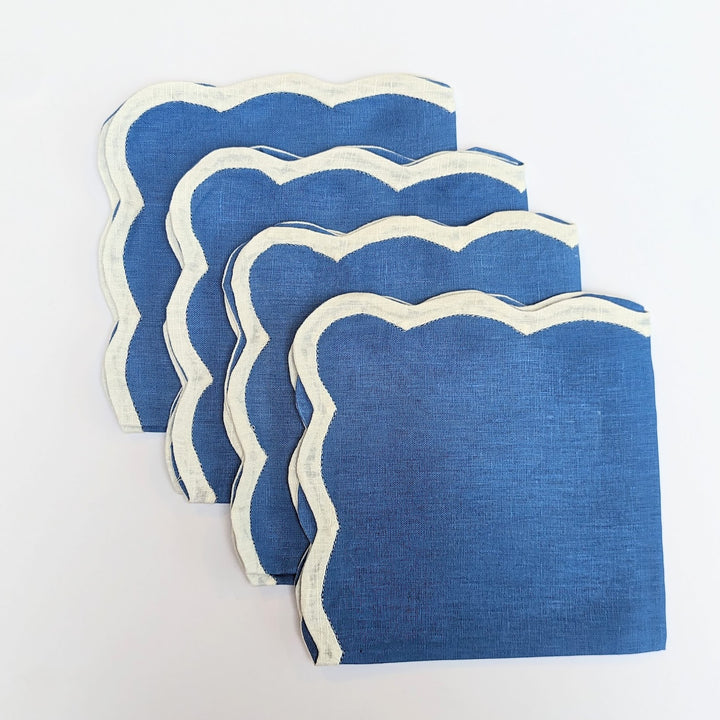 Blue Scallop Linen Napkins, Set of 4-Napkins-LNH Edit