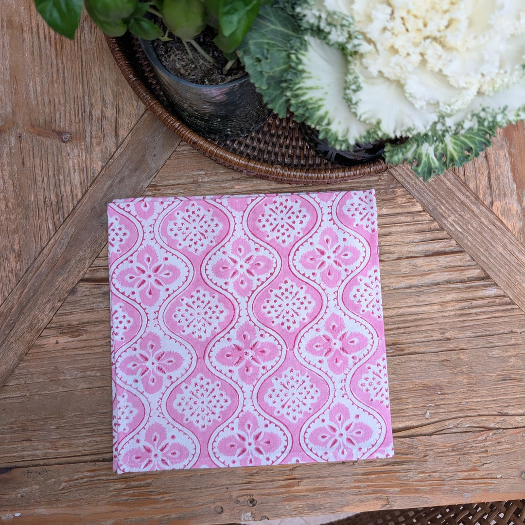 Freddie Pink Napkins – Set of 4 | Pink & White Block Print Cotton