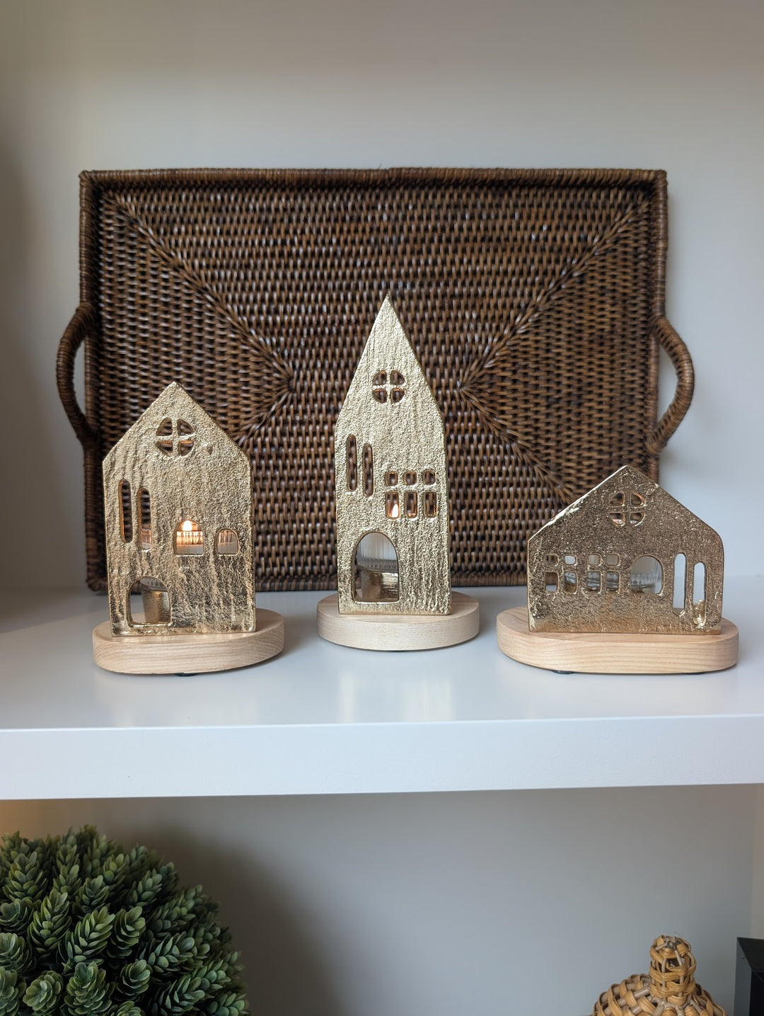 Gold House Tealight Holders — Set of 3