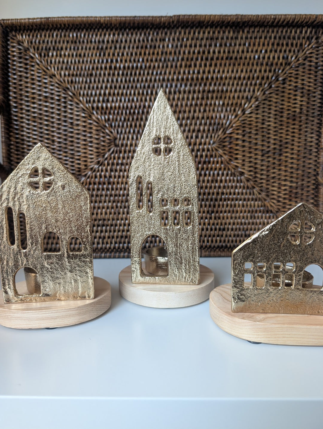 Gold House Tealight Holders — Set of 3