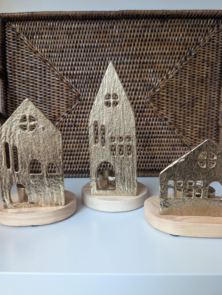 Gold House Tealight Holders — Set of 3