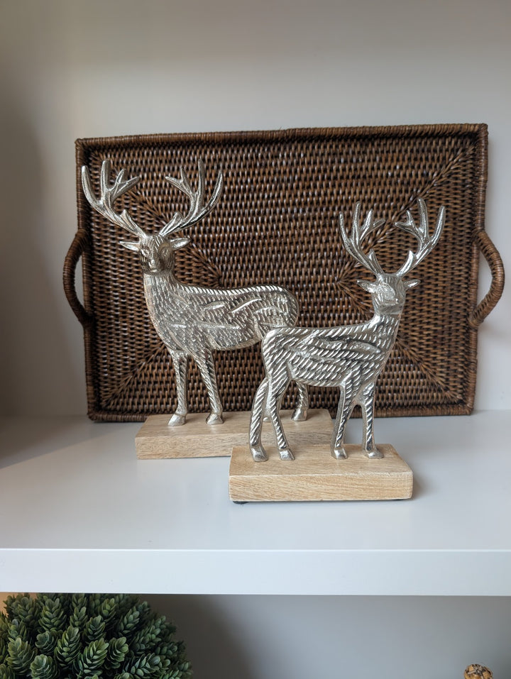 Silver Reindeer Figurine on Mango Wood Base