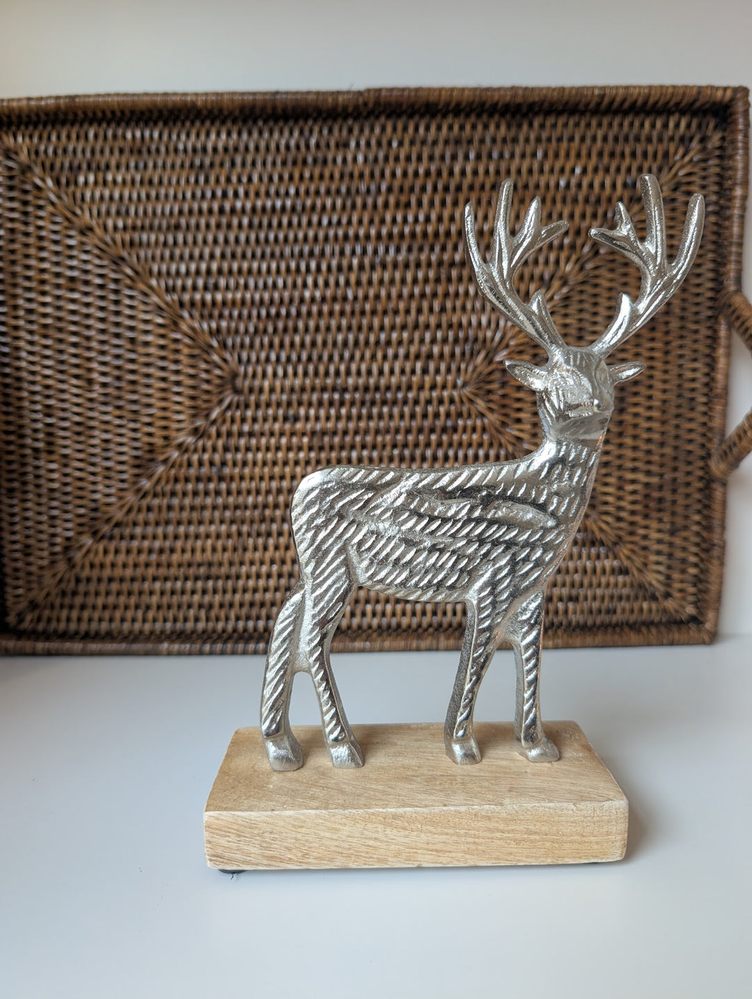 Silver Reindeer Figurine on Mango Wood Base
