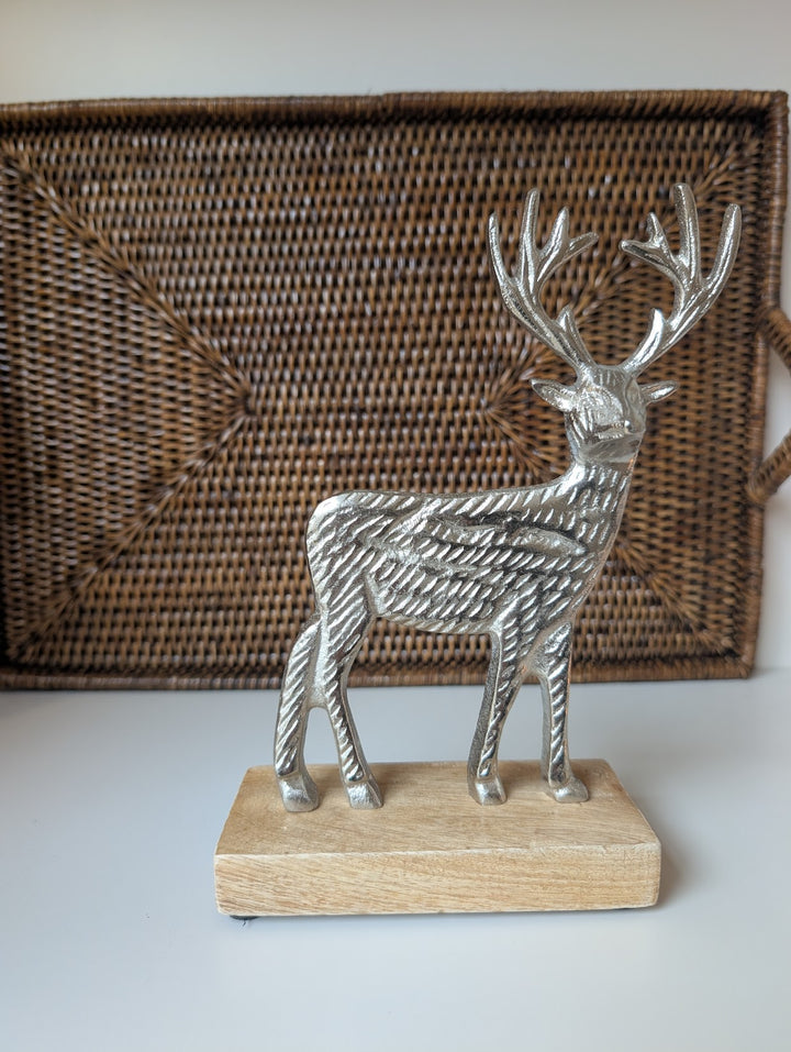 Silver Reindeer Figurine on Mango Wood Base