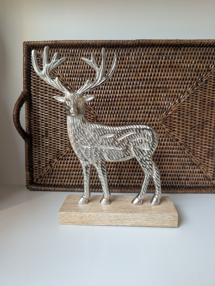 Silver Reindeer Figurine on Mango Wood Base