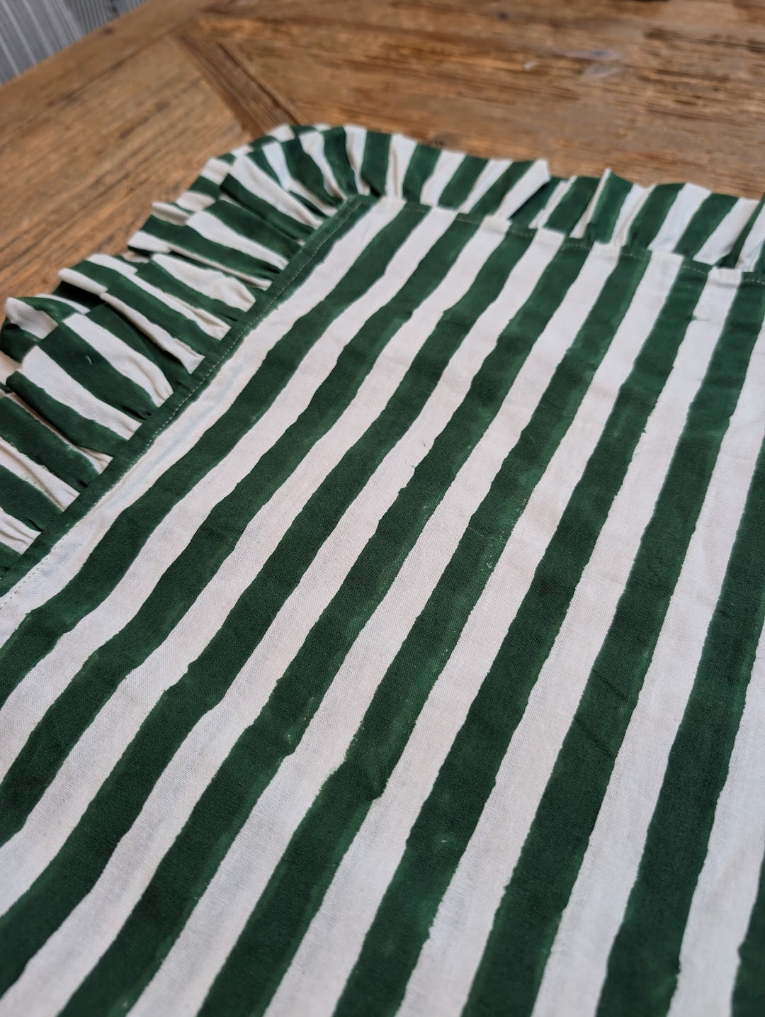 Ivy Green Stripe Frill Table Runner