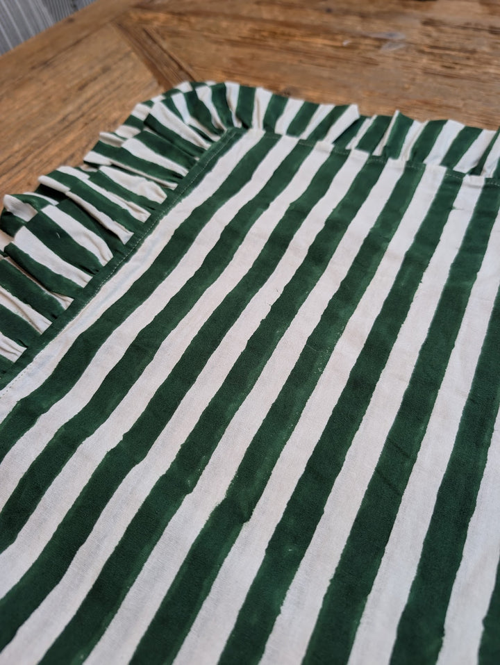 Ivy Green Stripe Frill Table Runner
