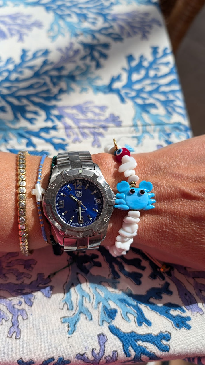 White Chip Bracelet with Blue Exotic Crab