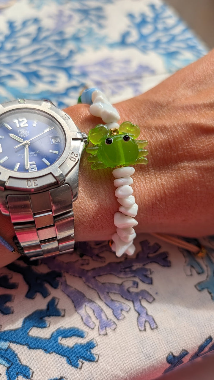 White Chip Bracelet with Green Exotic Crab