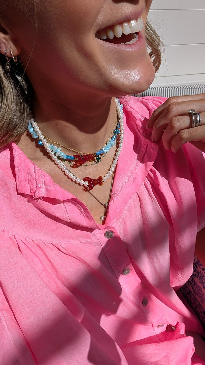 Semiprecious Filntisi Chips in Turquoise with Glass Lobster